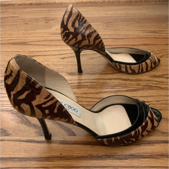 Jimmy Choo Black Browns Animal Print Heels Peep Toe Pumps Shoes 37.5 US 7 Fall - Picture 11 of 13